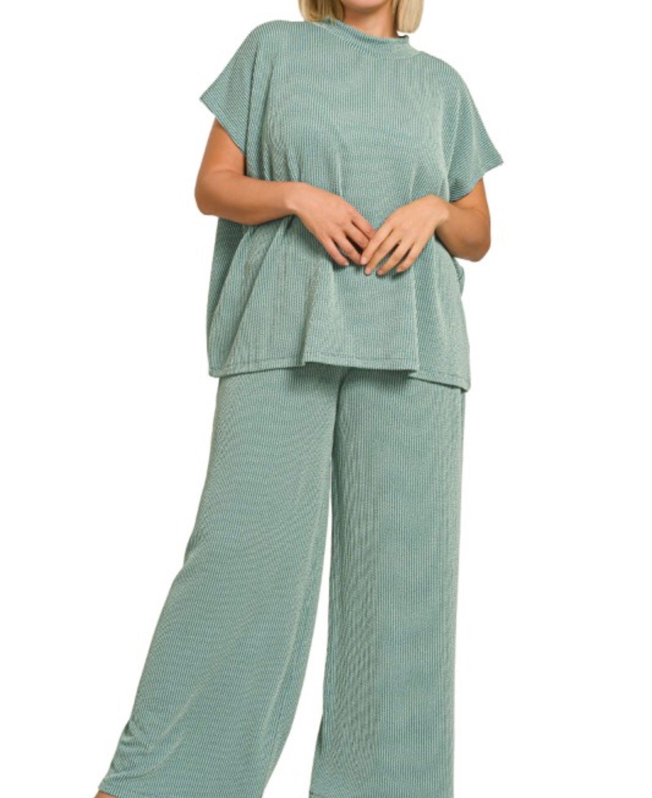 Plus Raised Rib Short Sleeve Set (jade)