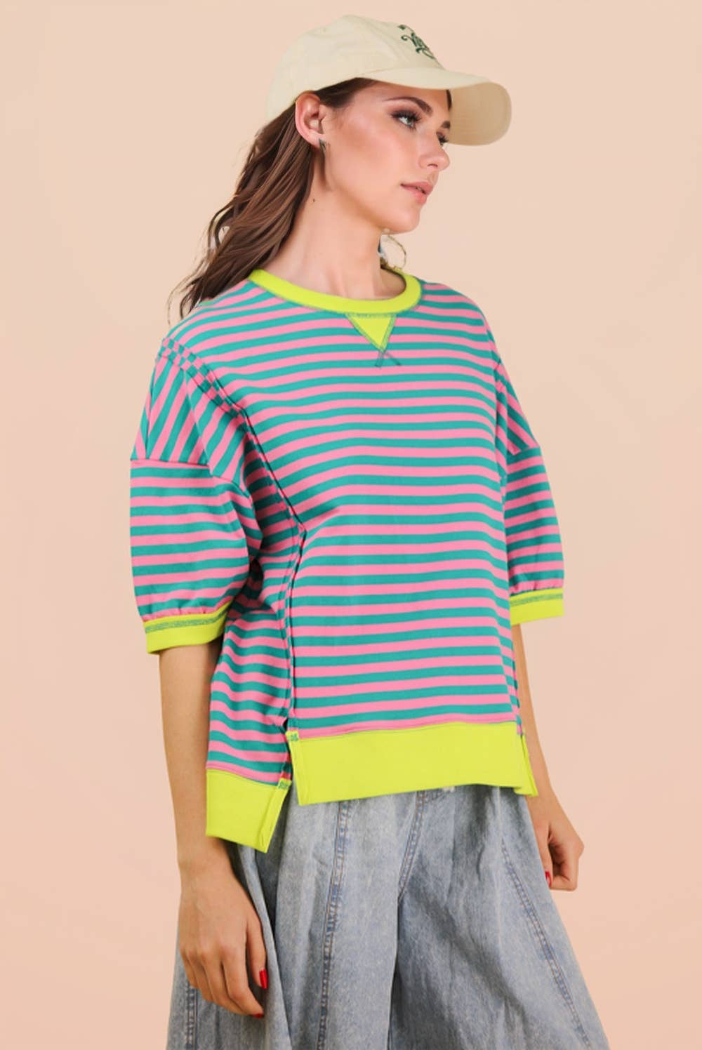 NT12481-Oversized Stripe Casual Knit Top