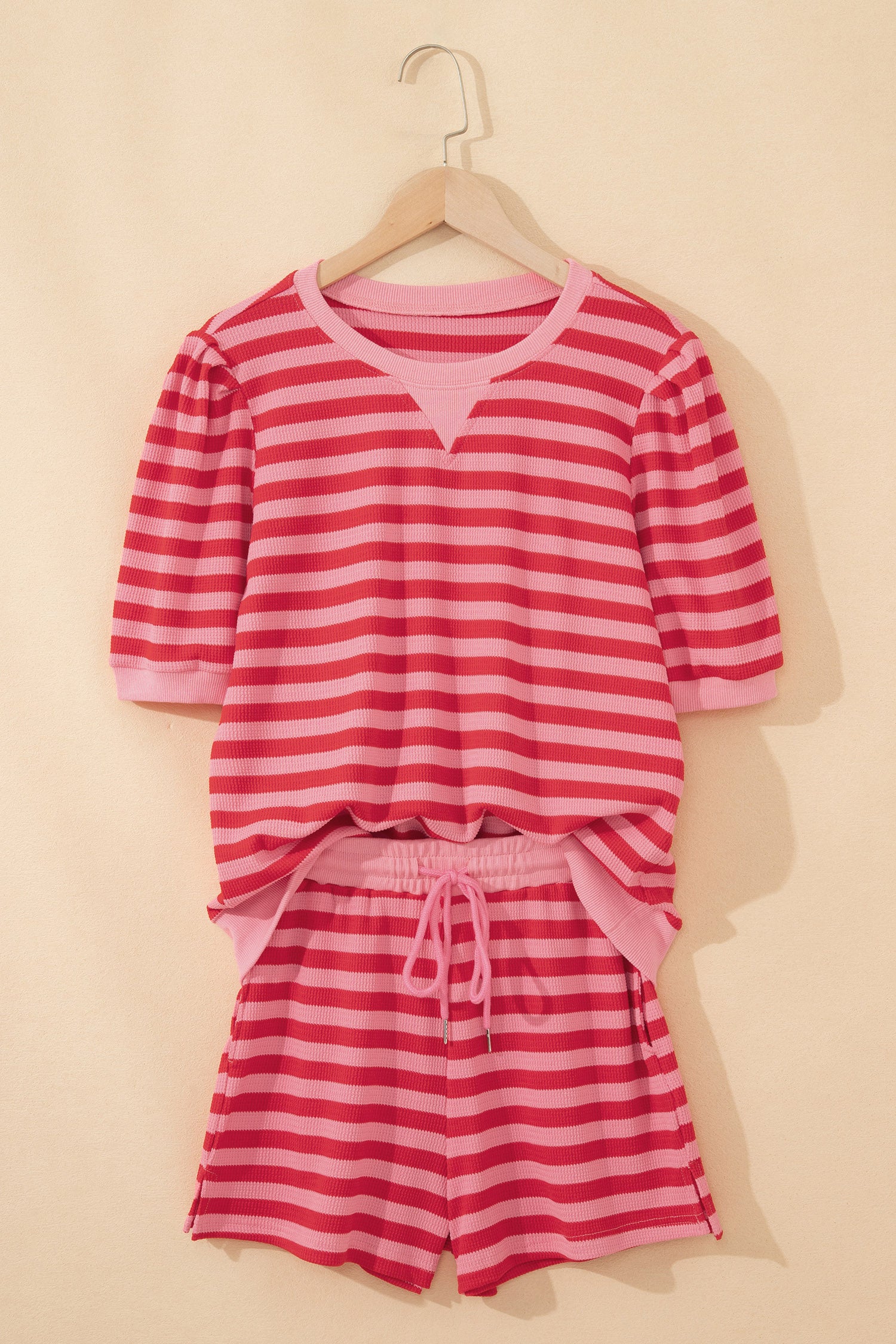 Green Stripe Puff Short Sleeve T Shirt Matching Shorts Set