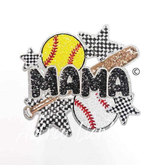 Softball Baseball Mama Checkered Star Sequin Patch - Large  