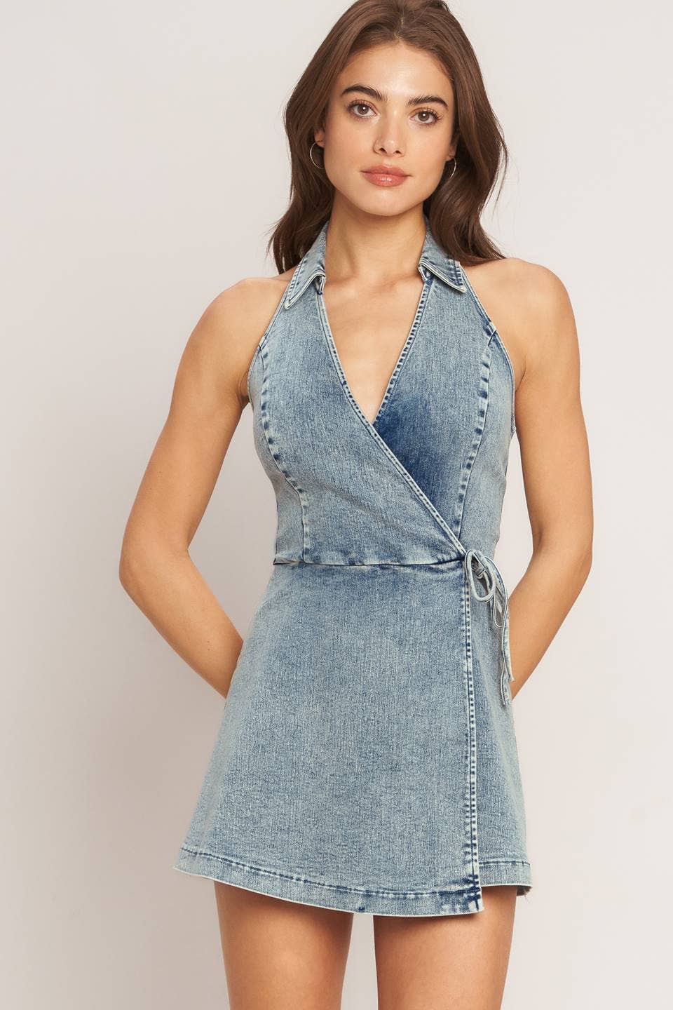 An acid washed denim skort romper - IP9132