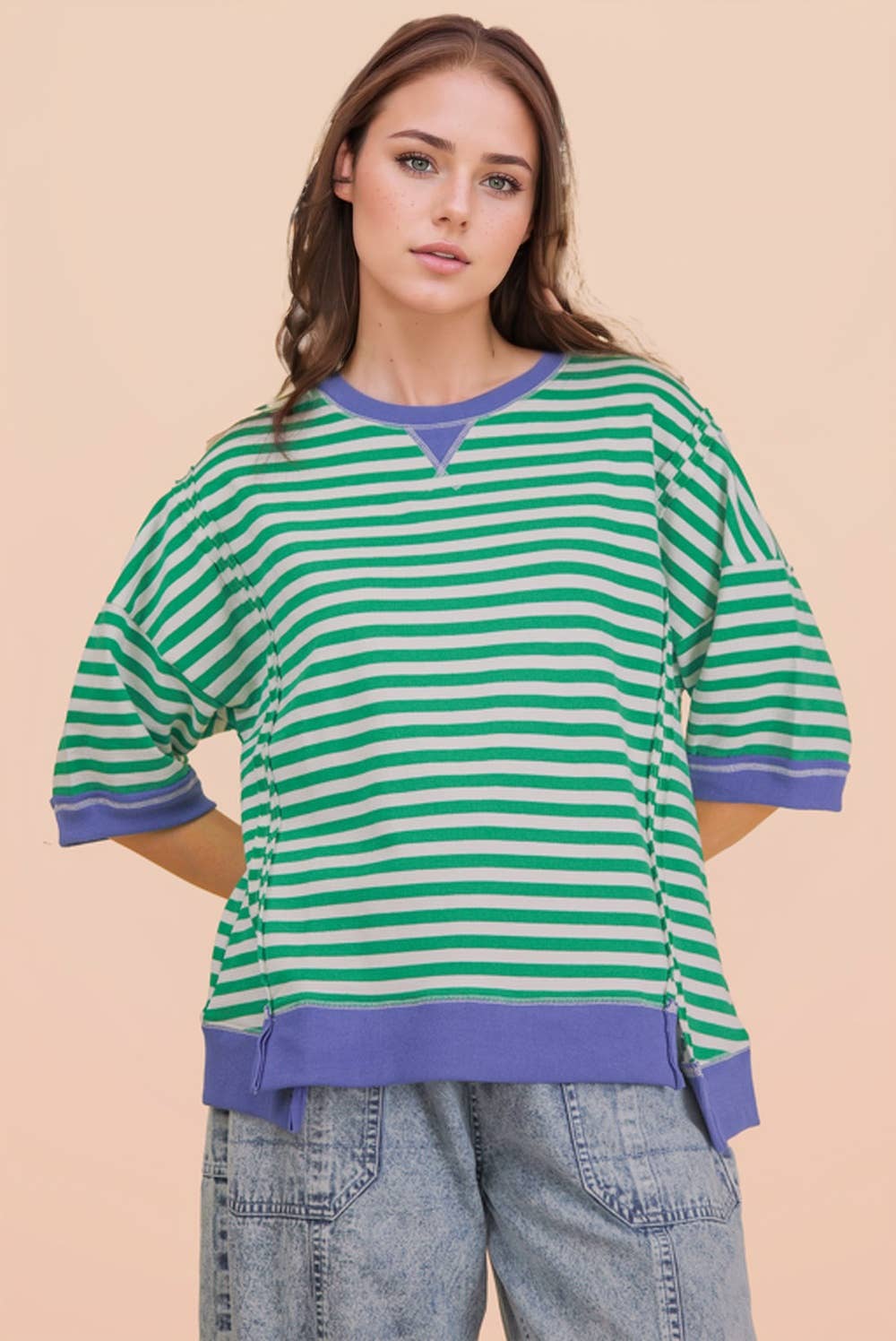 NT12481-Oversized Stripe Casual Knit Top