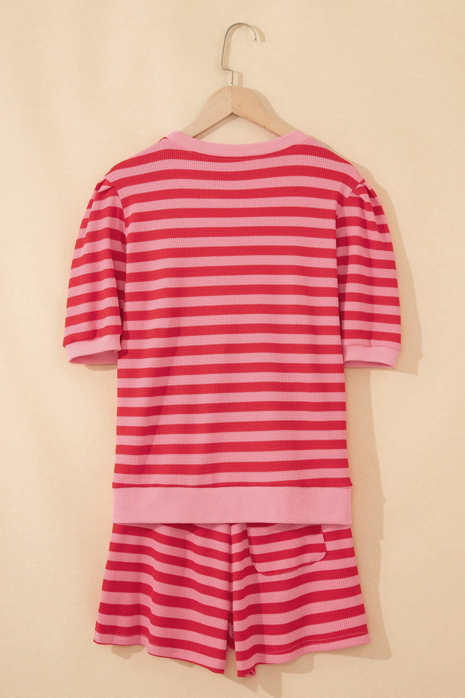 Green Stripe Puff Short Sleeve T Shirt Matching Shorts Set