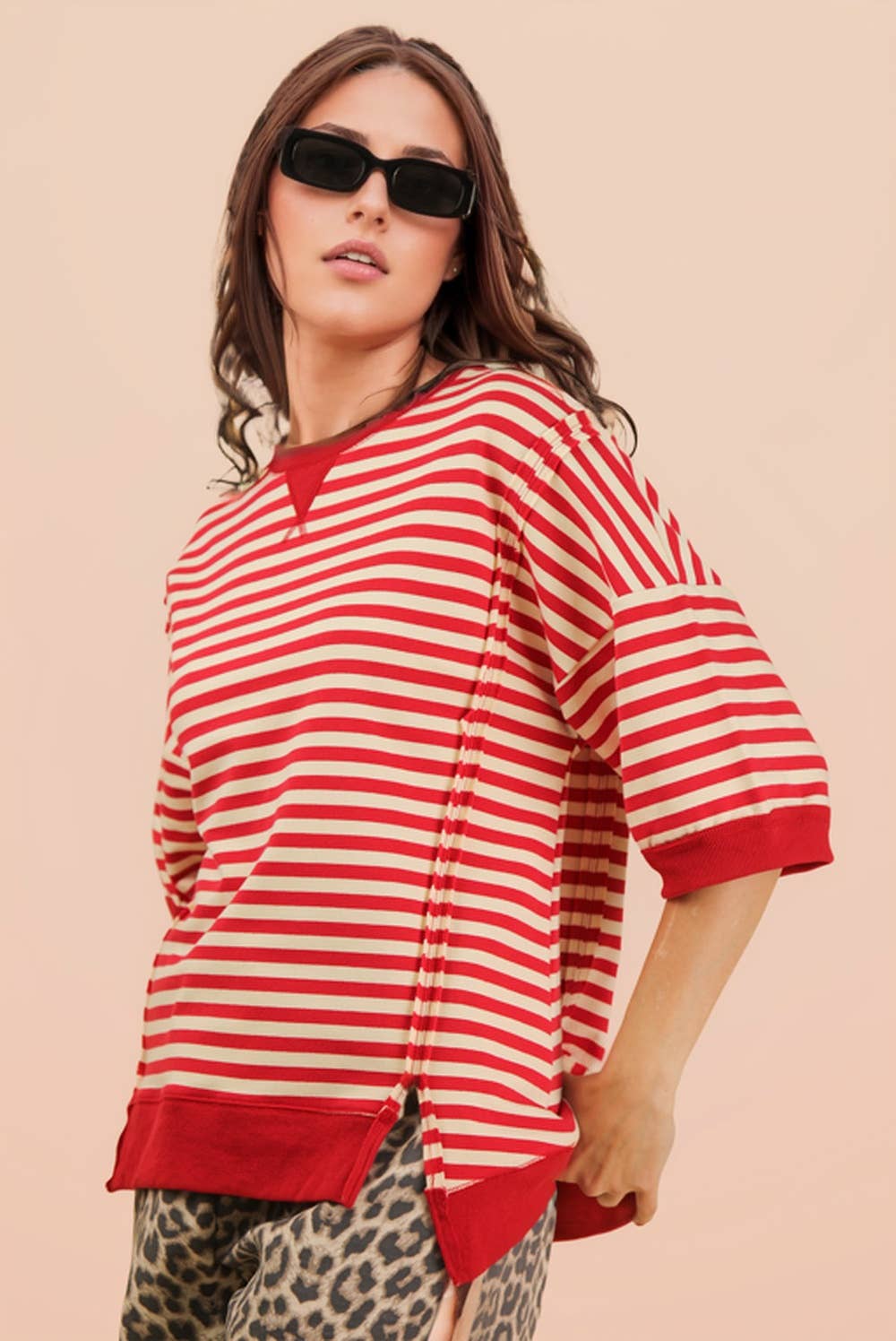 NT12481-Oversized Stripe Casual Knit Top