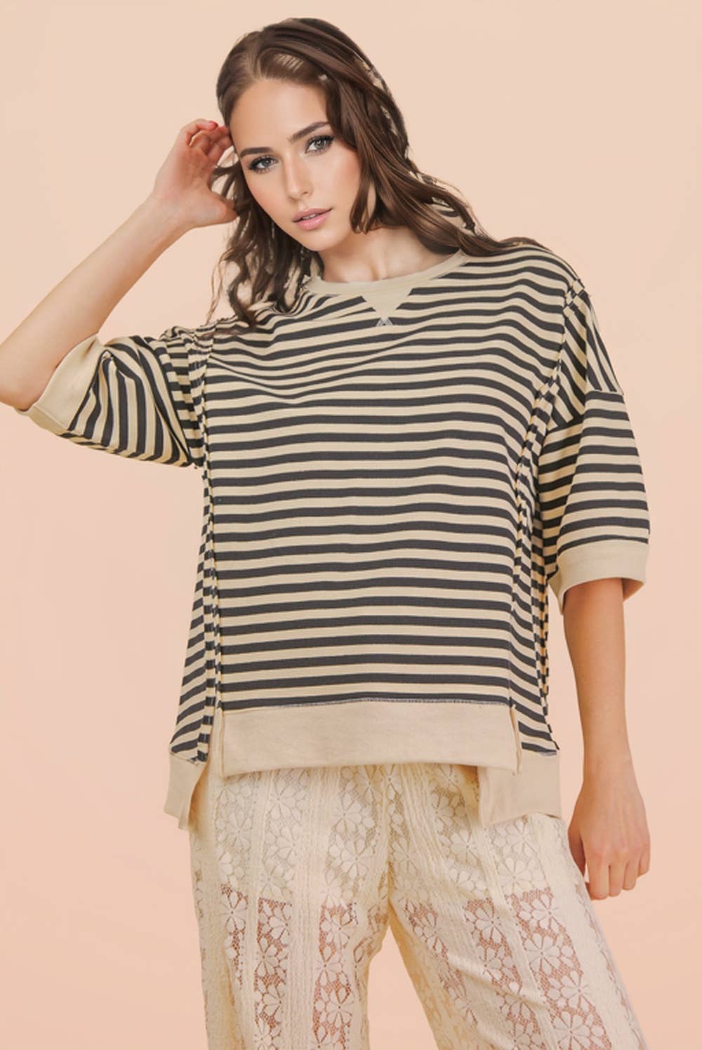 NT12481-Oversized Stripe Casual Knit Top