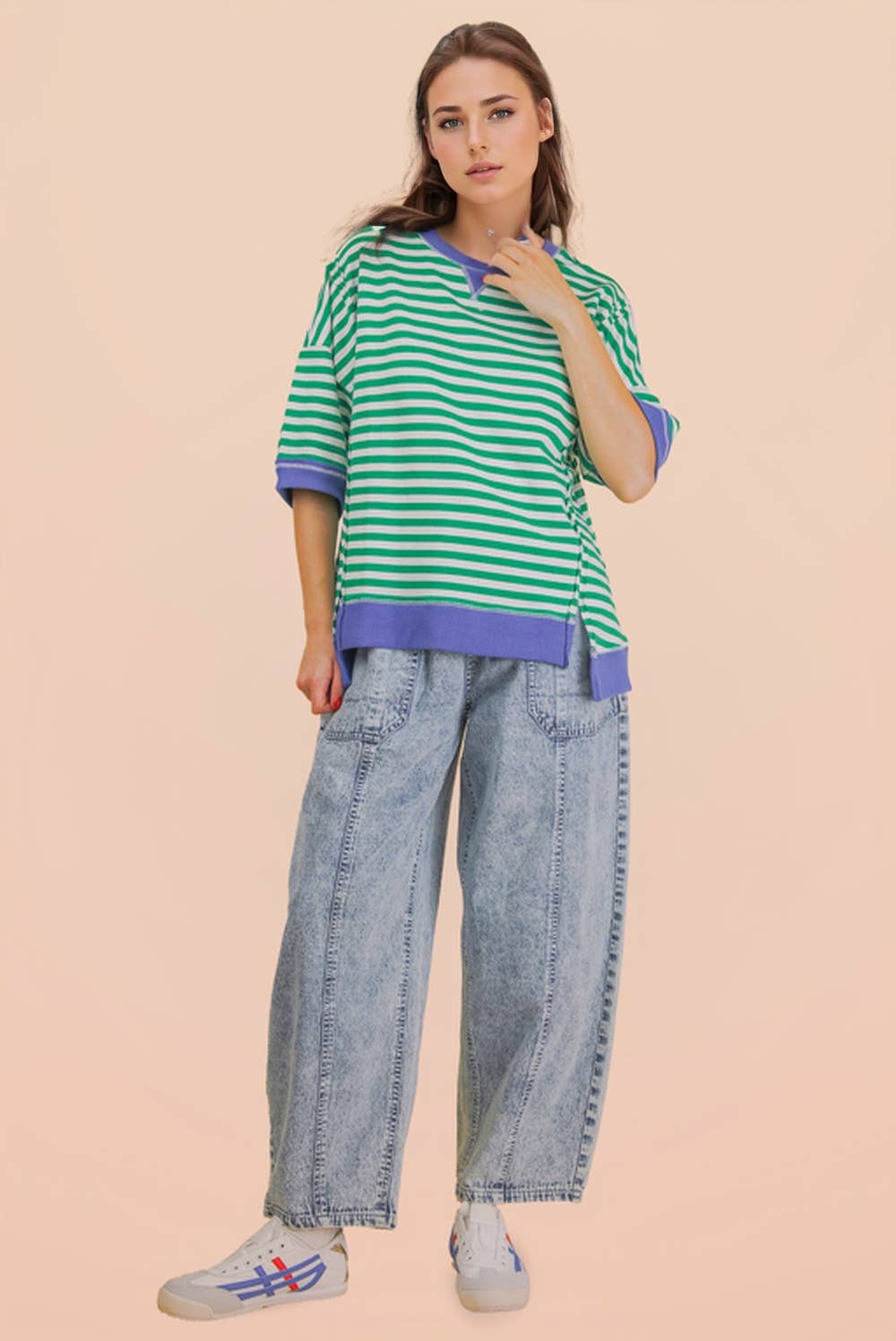 NT12481-Oversized Stripe Casual Knit Top