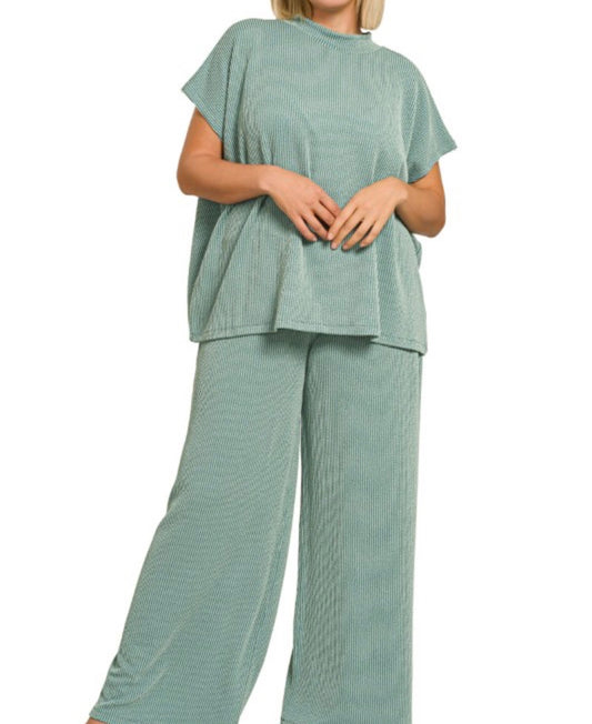 Plus Raised Rib Short Sleeve Set (jade)
