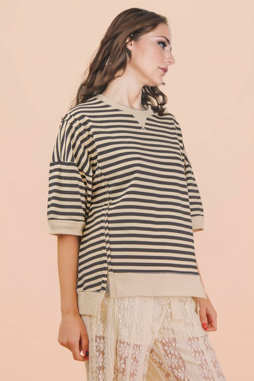 NT12481-Oversized Stripe Casual Knit Top