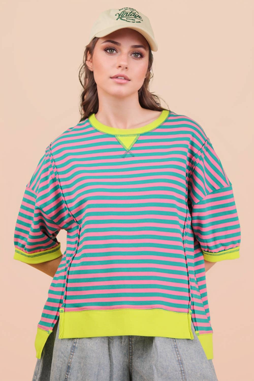 NT12481-Oversized Stripe Casual Knit Top