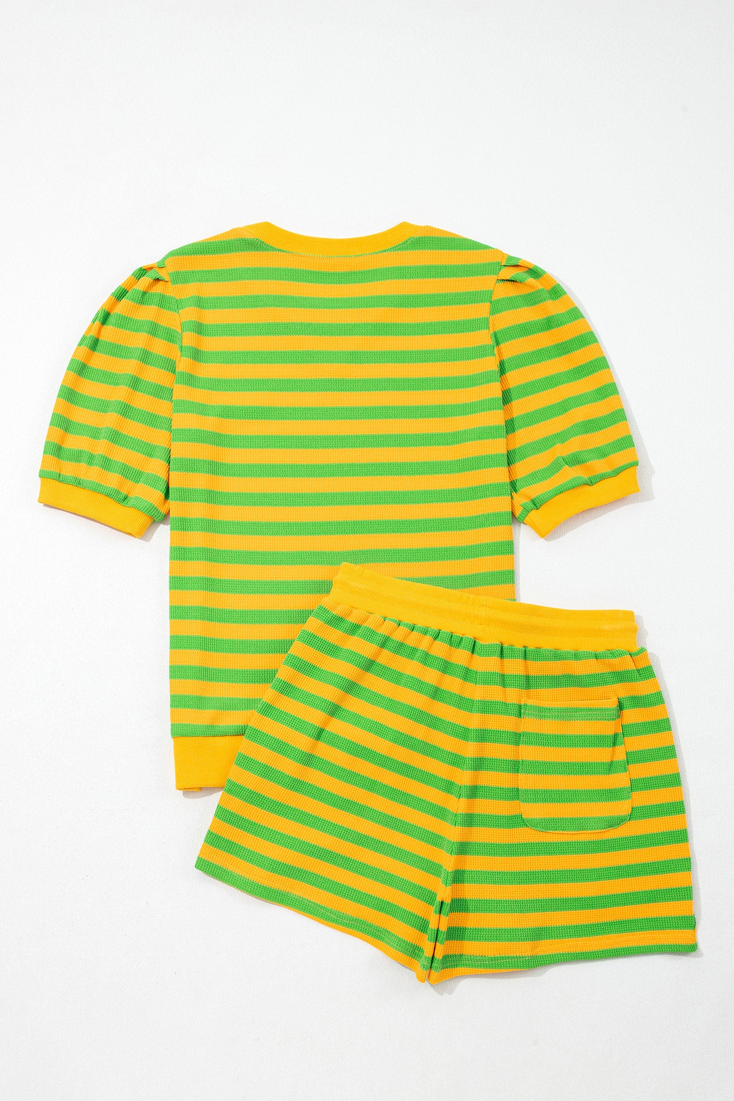 Green Stripe Puff Short Sleeve T Shirt Matching Shorts Set