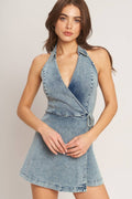 An acid washed denim skort romper - IP9132