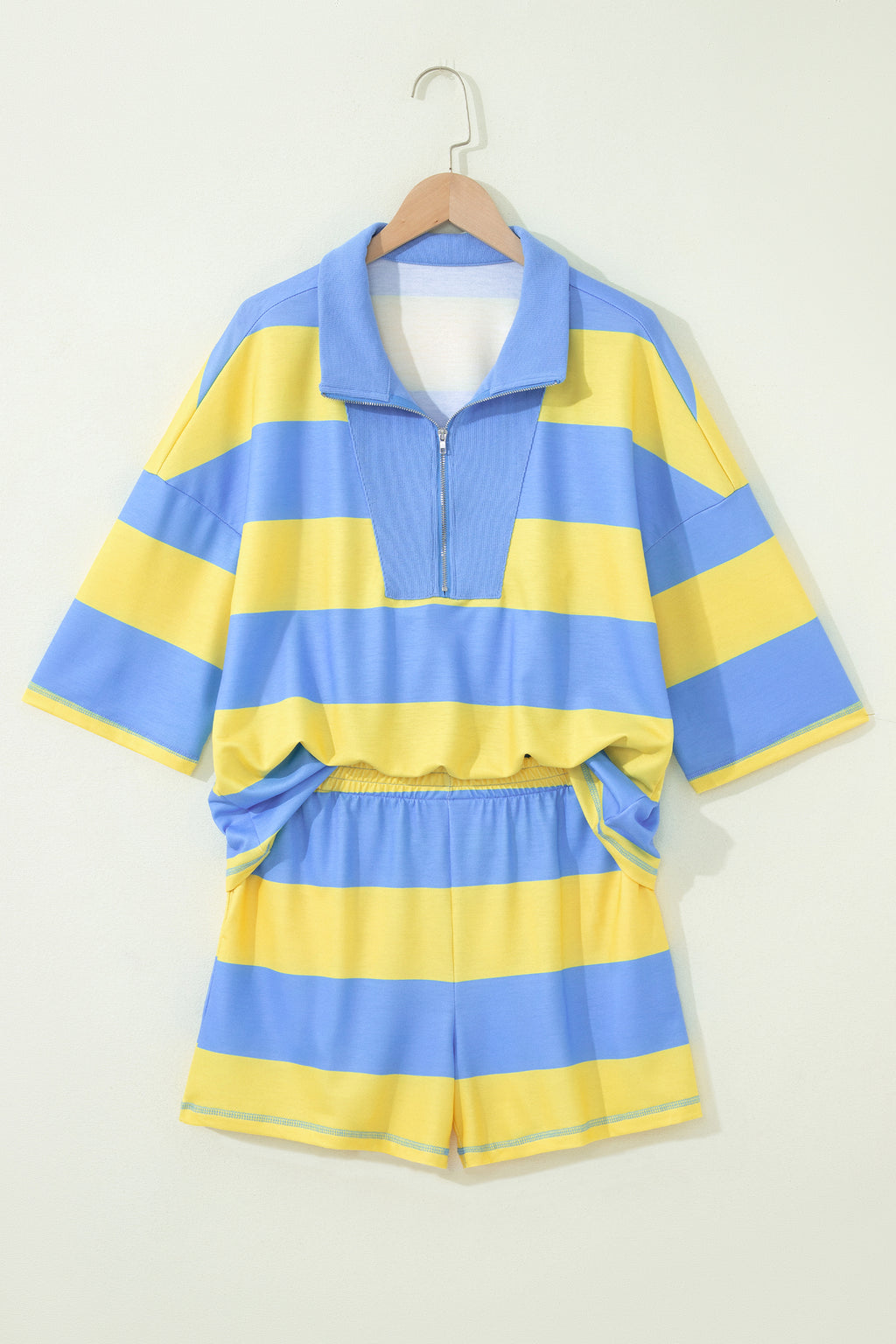 Pink Seam Detail Half Zip Tee Casual Shorts 2pcs Set