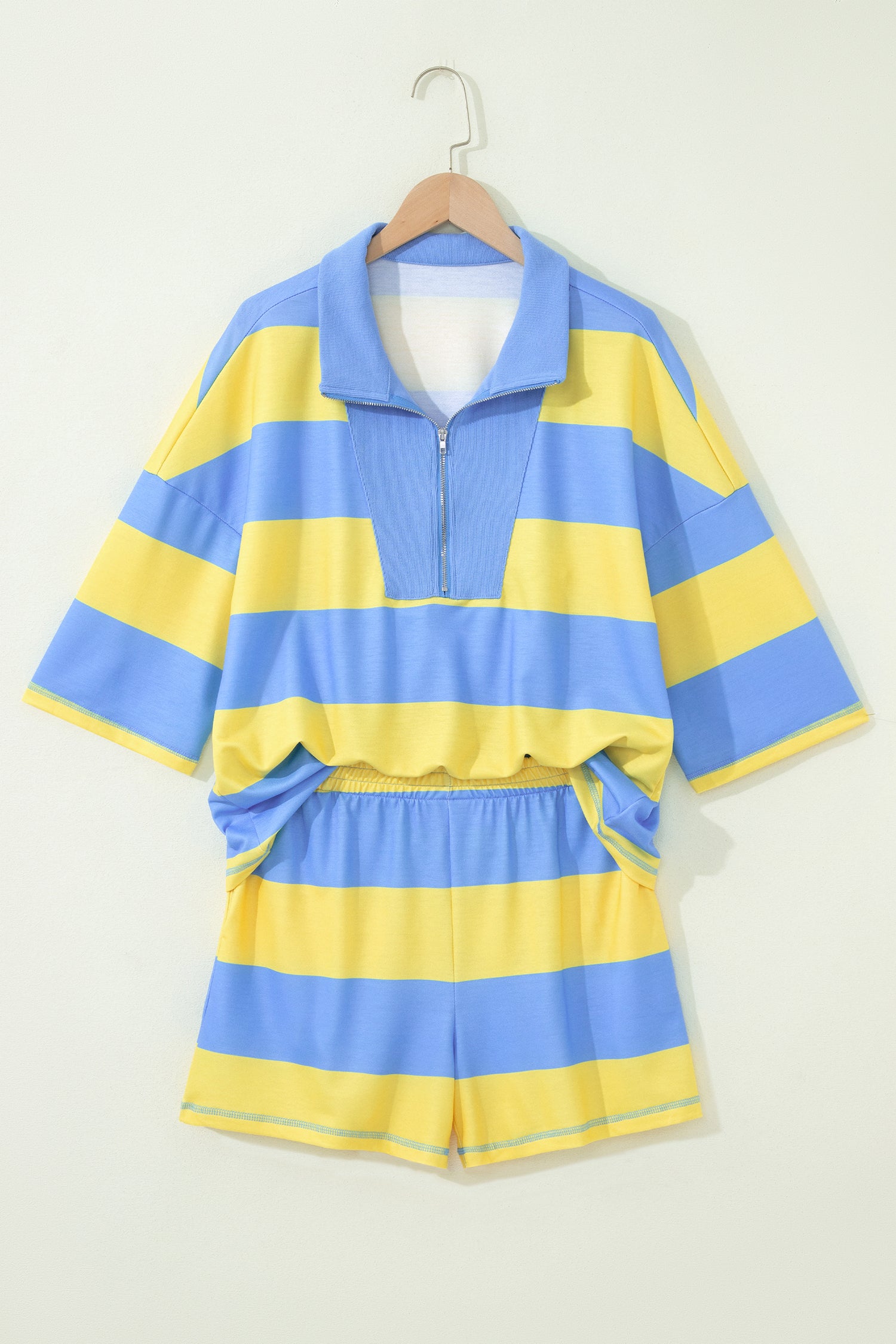 Pink Seam Detail Half Zip Tee Casual Shorts 2pcs Set