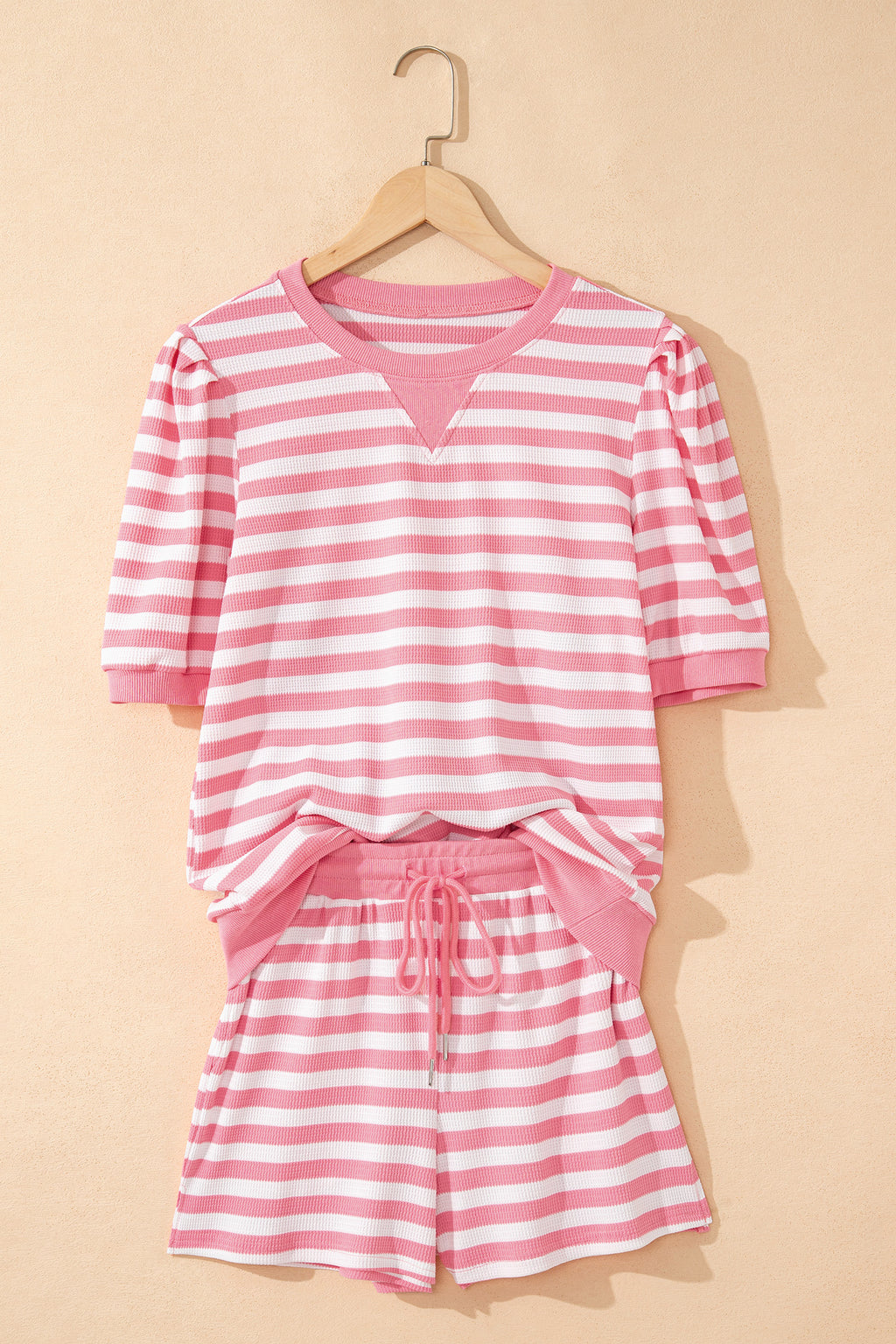 Green Stripe Puff Short Sleeve T Shirt Matching Shorts Set
